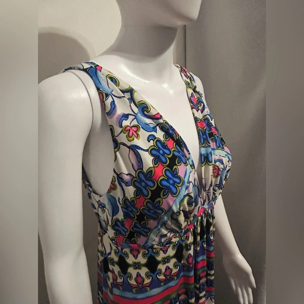 Nwt Natori Sz S Floral Aztec Tribal Geometric Flowy V Neck Maxi Dress Boho Y2K - Picture 3 of 10